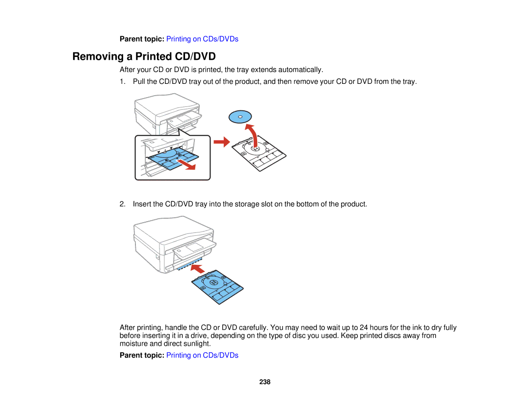 Epson XP-850 manual Removing a Printed CD/DVD 