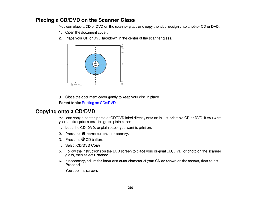 Epson XP-850 manual Placing a CD/DVD on the Scanner Glass, Copying onto a CD/DVD, Select CD/DVD Copy 