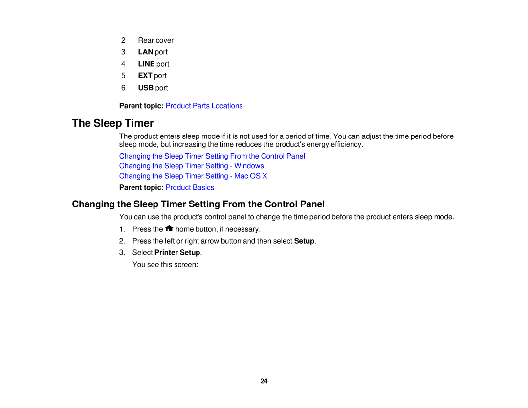 Epson XP-850 manual Changing the Sleep Timer Setting From the Control Panel, LAN port Line port EXT port USB port 