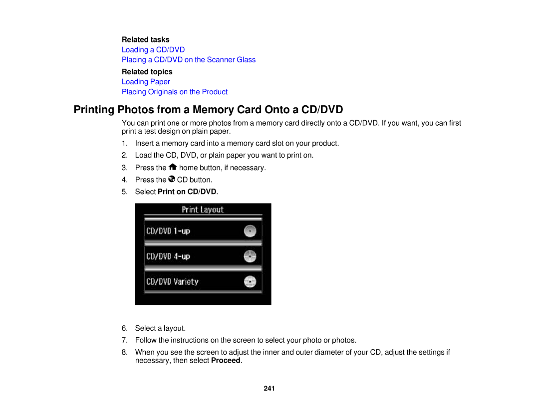 Epson XP-850 manual Printing Photos from a Memory Card Onto a CD/DVD, Select Print on CD/DVD 