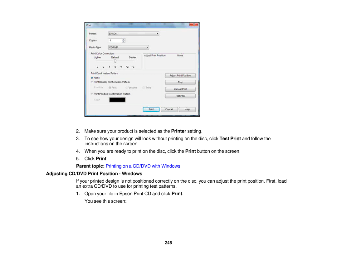 Epson XP-850 manual Adjusting CD/DVD Print Position Windows 