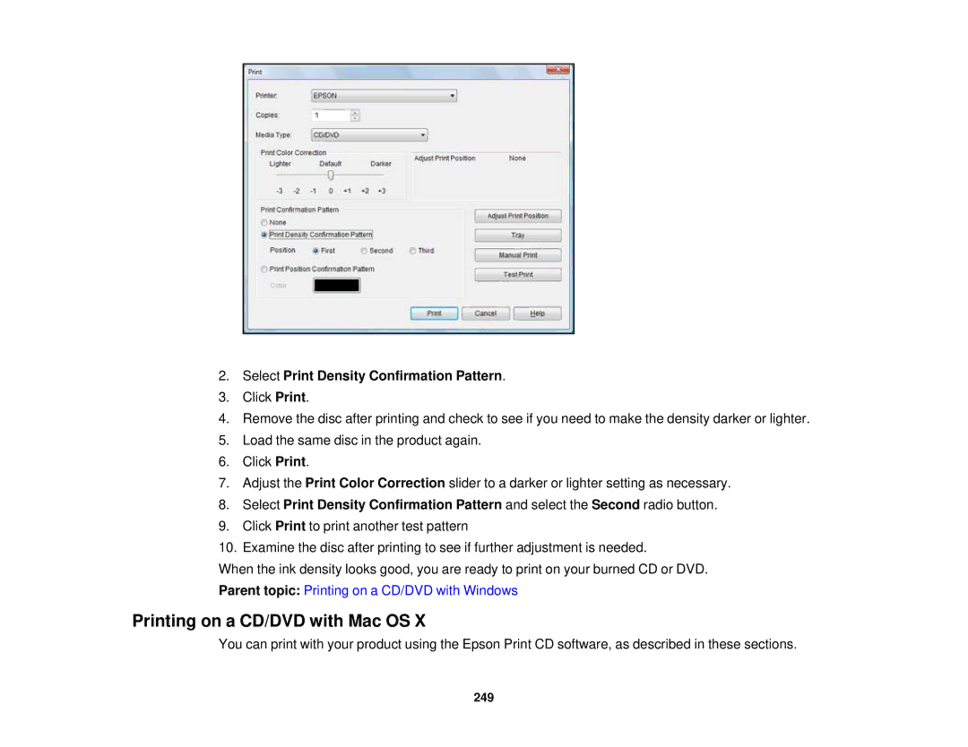 Epson XP-850 manual Printing on a CD/DVD with Mac OS, Select Print Density Confirmation Pattern 