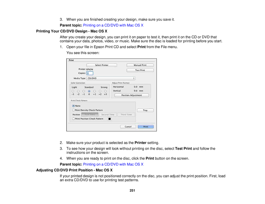 Epson XP-850 manual Printing Your CD/DVD Design Mac OS, Adjusting CD/DVD Print Position Mac OS 