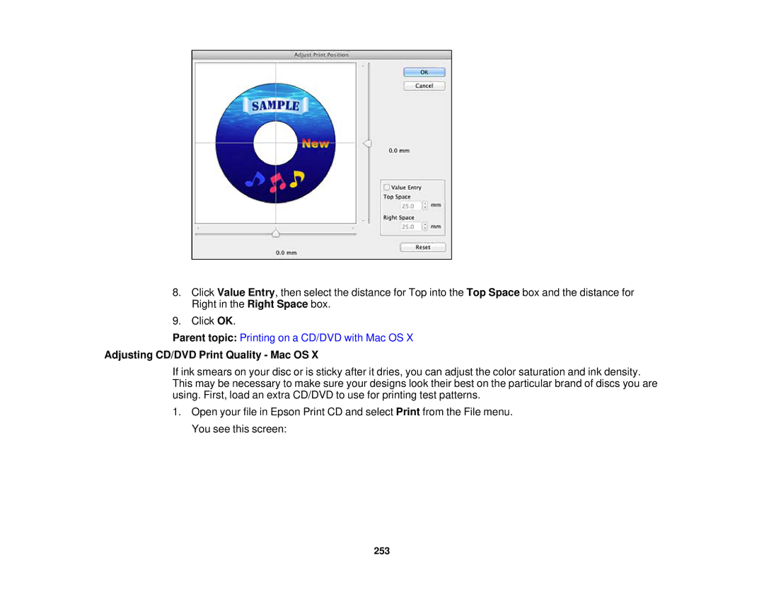 Epson XP-850 manual Adjusting CD/DVD Print Quality Mac OS 