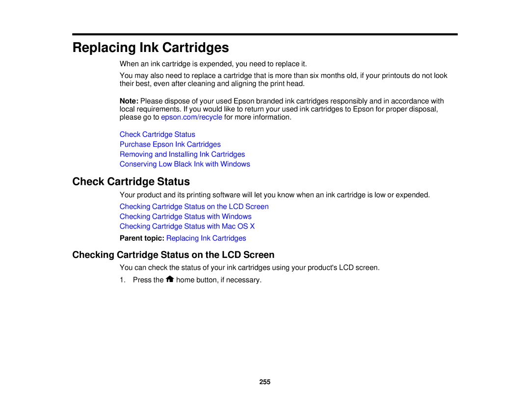 Epson XP-850 manual Check Cartridge Status, Checking Cartridge Status on the LCD Screen 