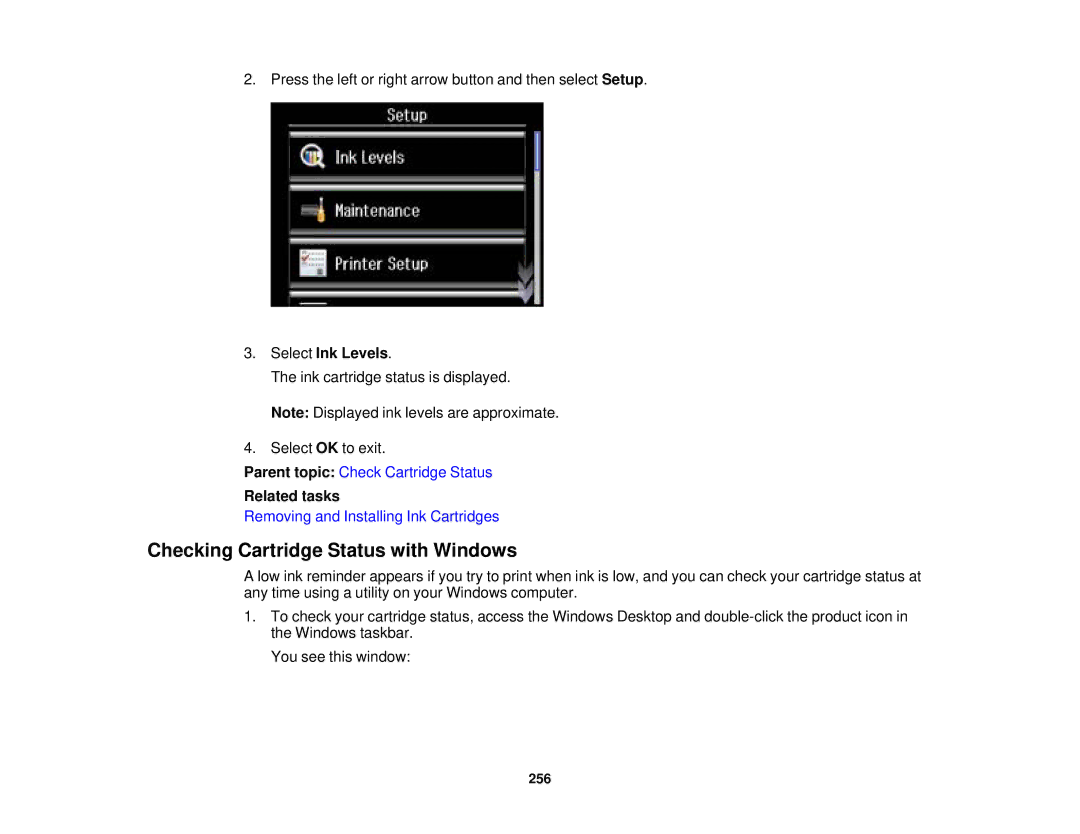 Epson XP-850 manual Checking Cartridge Status with Windows, Select Ink Levels 