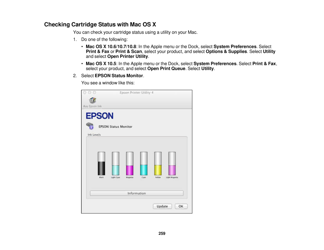 Epson XP-850 manual Checking Cartridge Status with Mac OS 