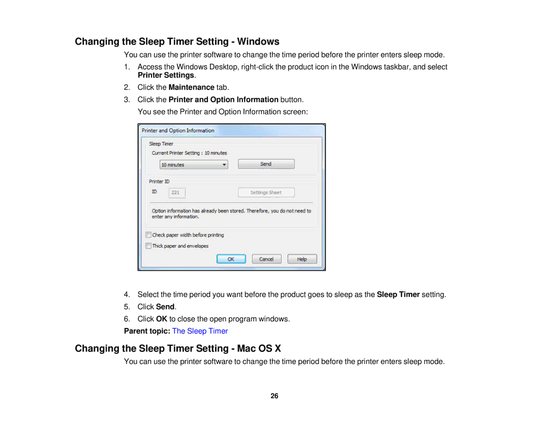 Epson XP-850 manual Changing the Sleep Timer Setting Windows, Changing the Sleep Timer Setting Mac OS 