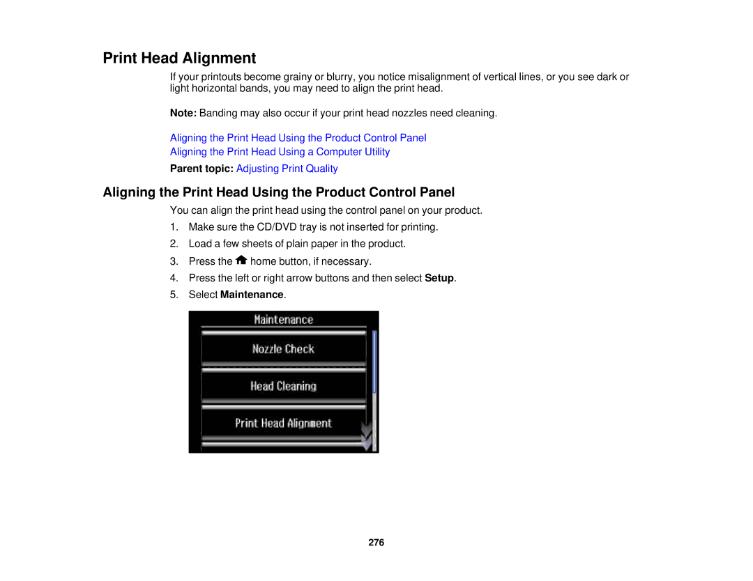 Epson XP-850 manual Print Head Alignment, Aligning the Print Head Using the Product Control Panel 