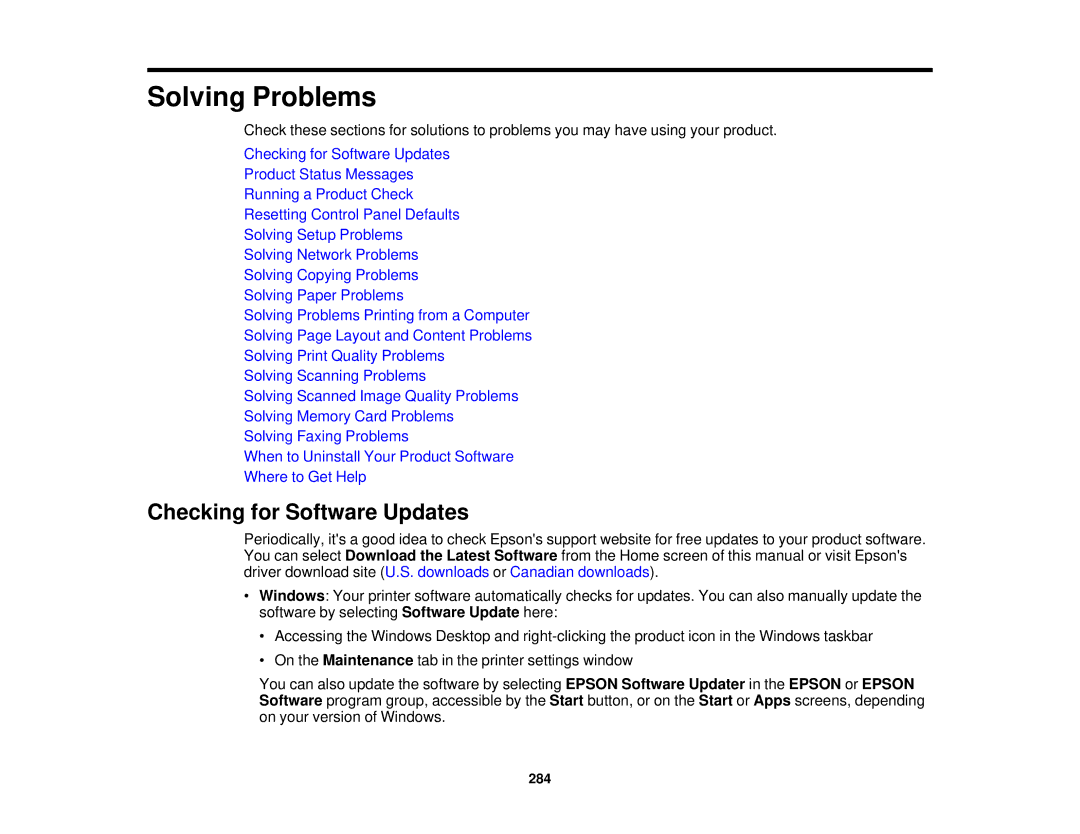 Epson XP-850 manual Solving Problems, Checking for Software Updates 