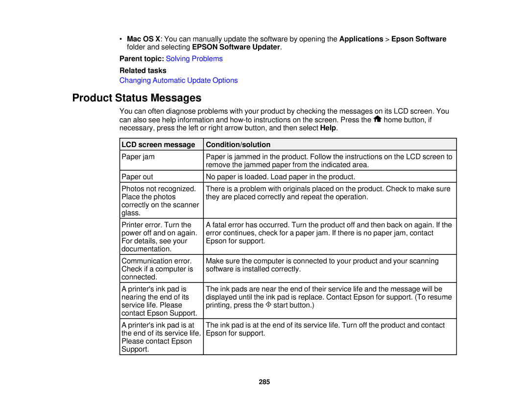 Epson XP-850 manual Product Status Messages, LCD screen message Condition/solution 