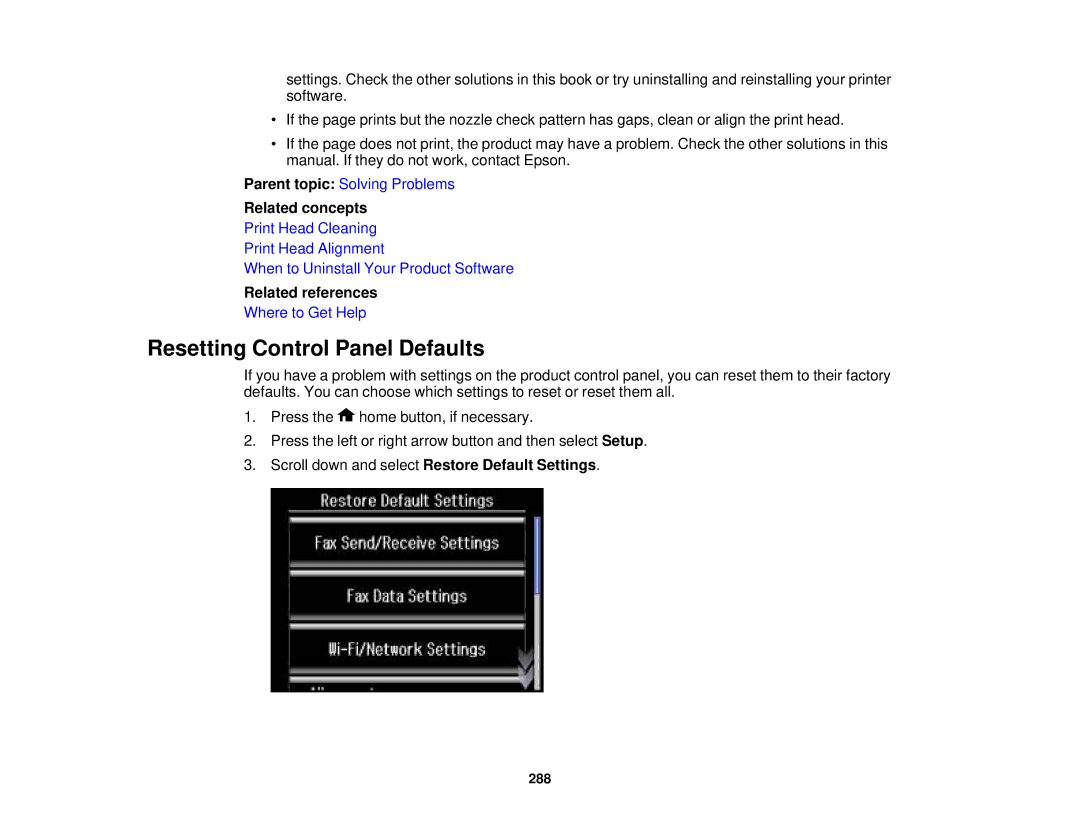 Epson XP-850 manual Resetting Control Panel Defaults, Related concepts 