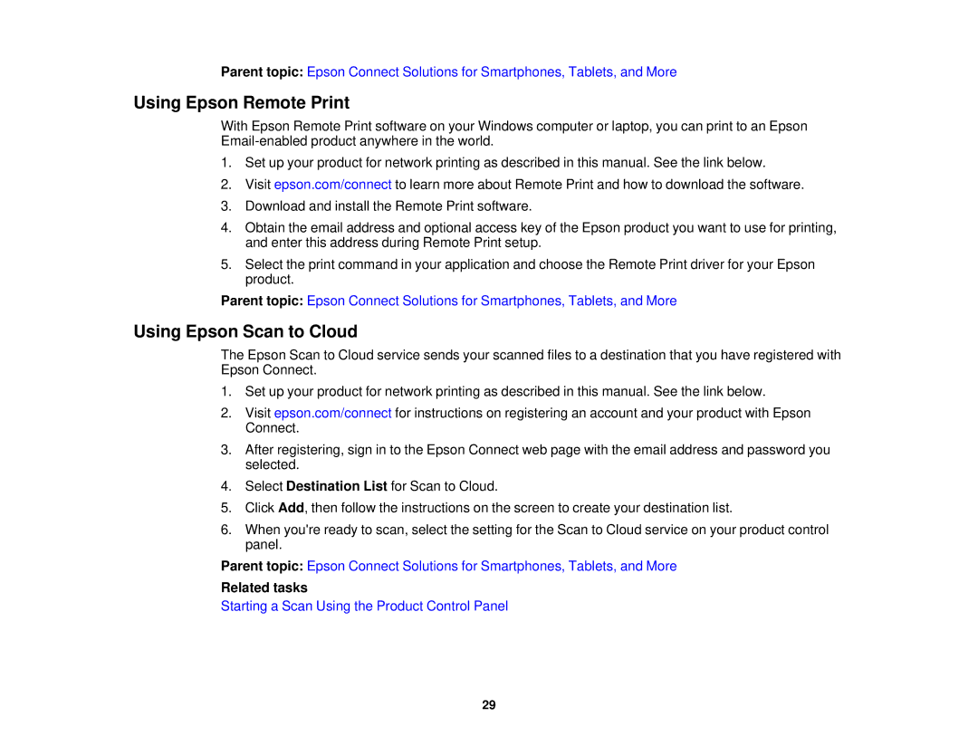 Epson XP-850 manual Using Epson Remote Print, Using Epson Scan to Cloud, Related tasks 