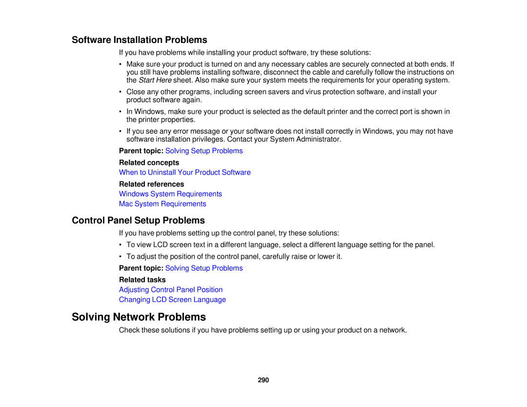 Epson XP-850 manual Solving Network Problems, Software Installation Problems, Control Panel Setup Problems 