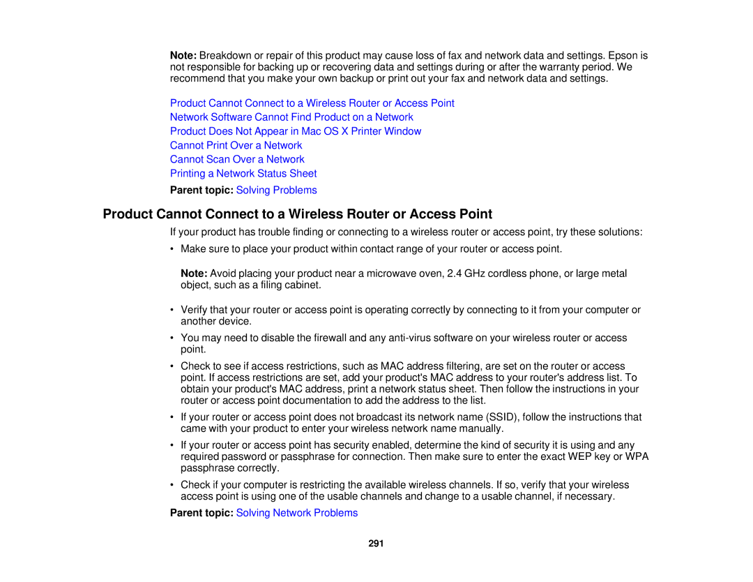 Epson XP-850 manual Product Cannot Connect to a Wireless Router or Access Point 