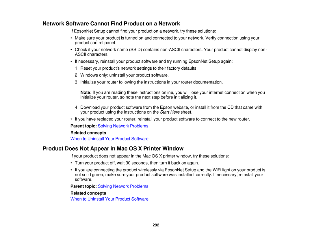 Epson XP-850 manual Network Software Cannot Find Product on a Network, Product Does Not Appear in Mac OS X Printer Window 