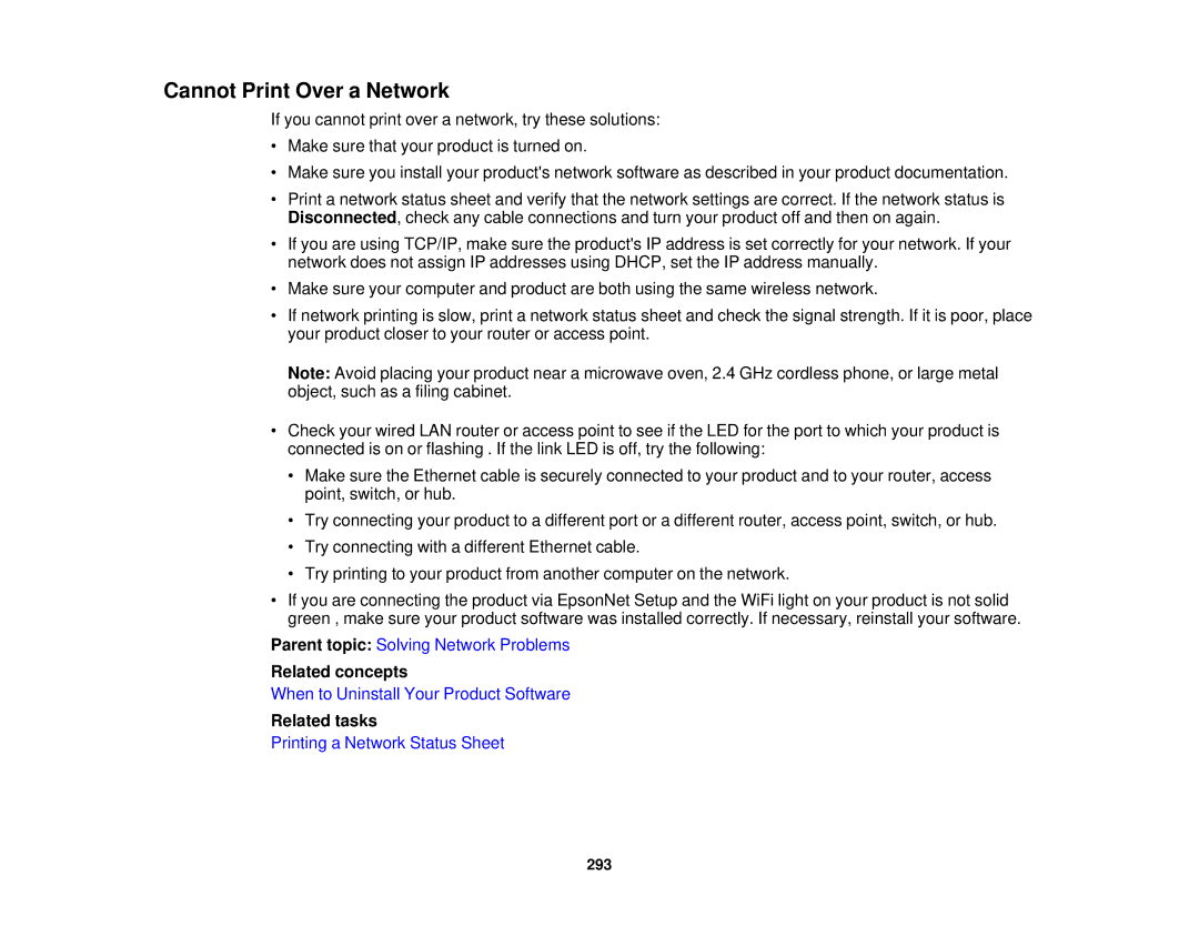 Epson XP-850 manual Cannot Print Over a Network, Related tasks 