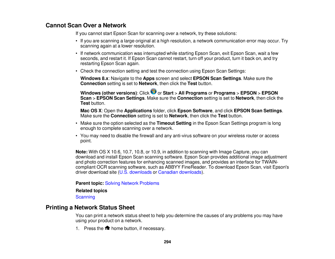 Epson XP-850 manual Cannot Scan Over a Network, Printing a Network Status Sheet 