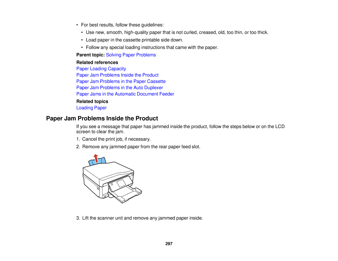 Epson XP-850 manual Paper Jam Problems Inside the Product, Related references 