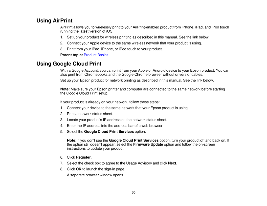 Epson XP-850 manual Using AirPrint, Using Google Cloud Print 