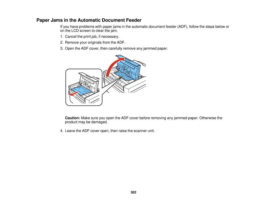 Epson XP-850 manual Paper Jams in the Automatic Document Feeder 
