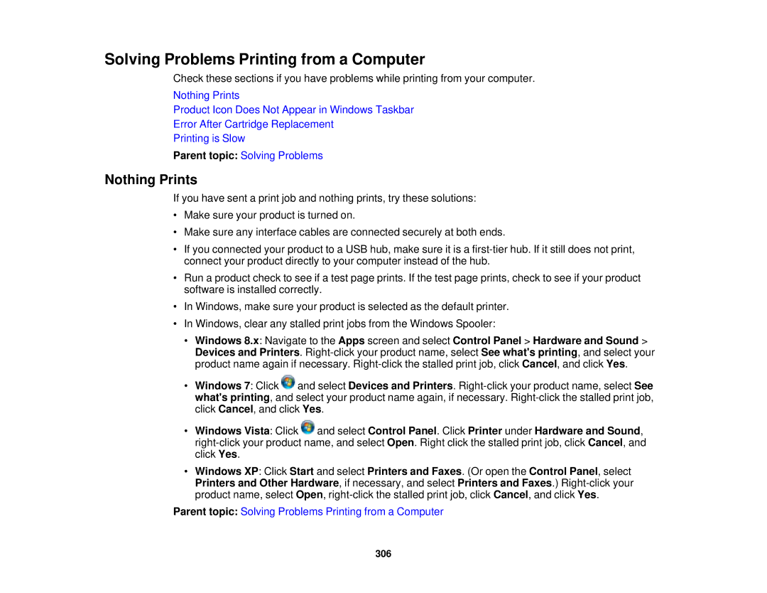 Epson XP-850 manual Solving Problems Printing from a Computer, Nothing Prints 