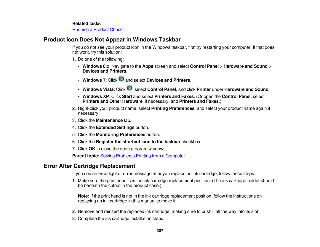 Epson XP-850 manual Product Icon Does Not Appear in Windows Taskbar, Error After Cartridge Replacement 