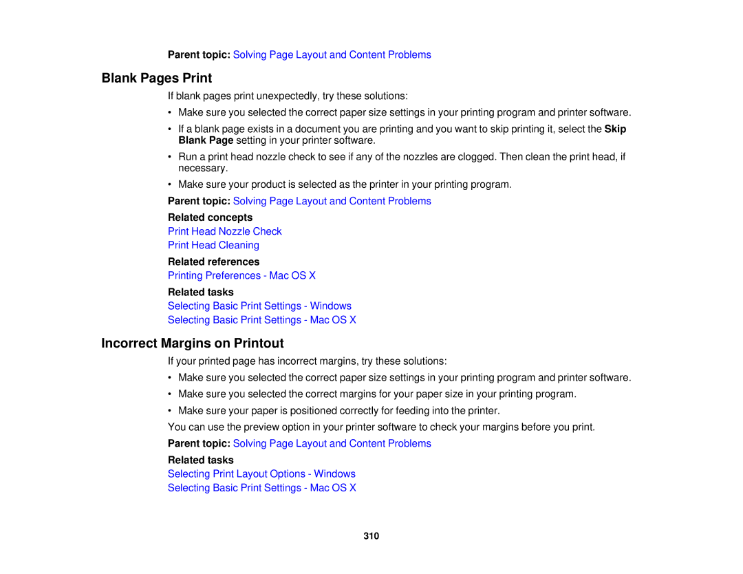 Epson XP-850 manual Blank Pages Print, Incorrect Margins on Printout 