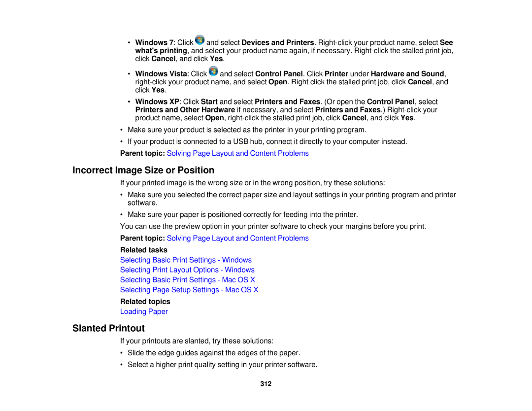 Epson XP-850 manual Incorrect Image Size or Position, Slanted Printout 