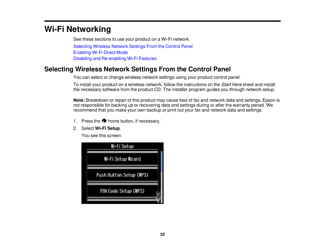 Epson XP-850 manual Wi-Fi Networking, Selecting Wireless Network Settings From the Control Panel 