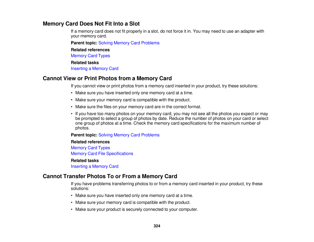 Epson XP-850 manual Memory Card Does Not Fit Into a Slot, Cannot View or Print Photos from a Memory Card 