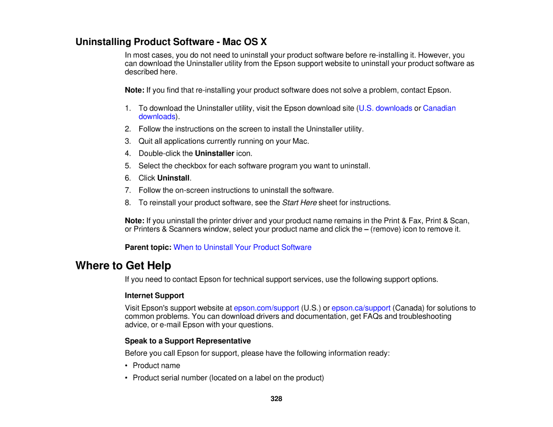 Epson XP-850 manual Where to Get Help, Uninstalling Product Software Mac OS, Click Uninstall 