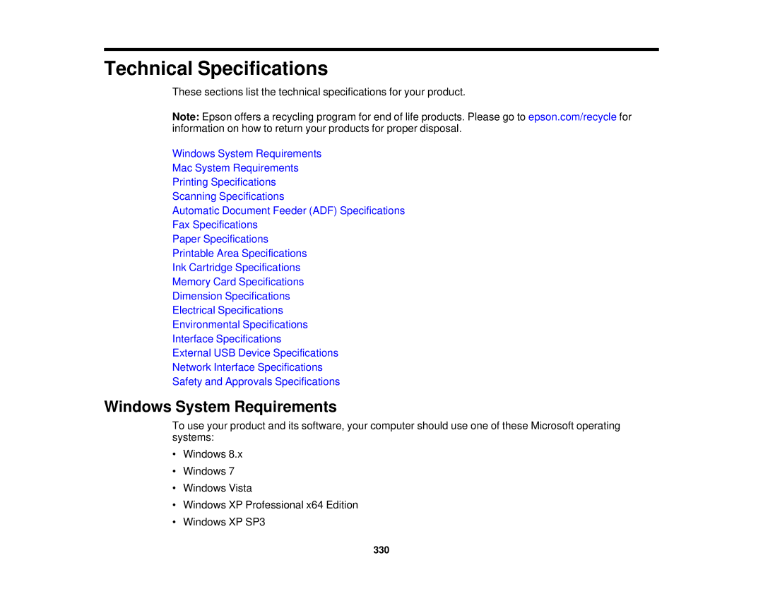 Epson XP-850 manual Technical Specifications, Windows System Requirements 