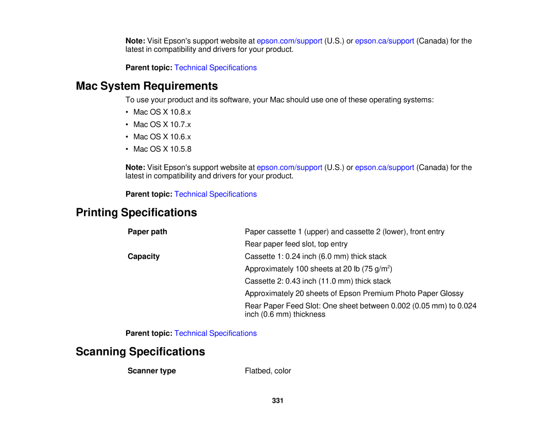 Epson XP-850 manual Mac System Requirements, Printing Specifications, Scanning Specifications 