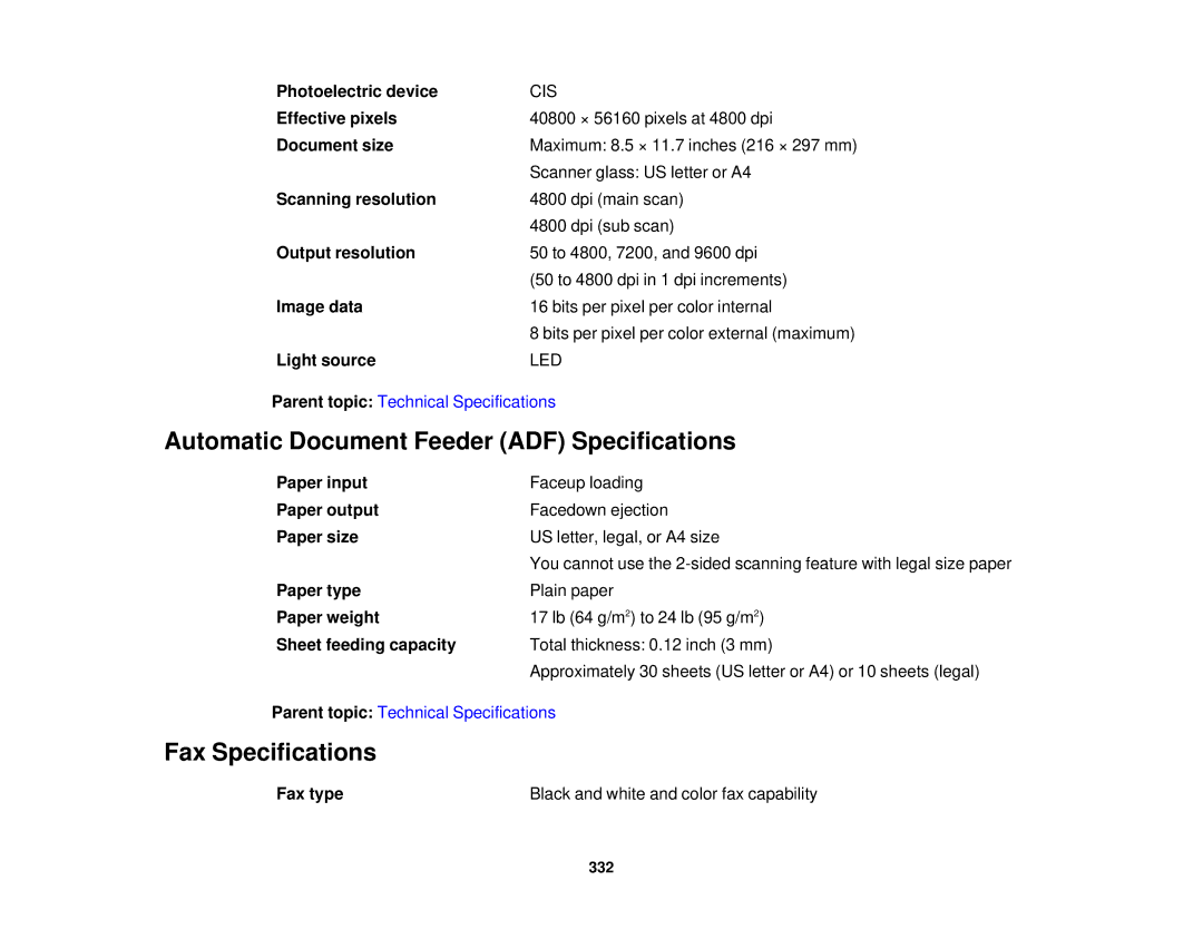 Epson XP-850 manual Automatic Document Feeder ADF Specifications, Fax Specifications 