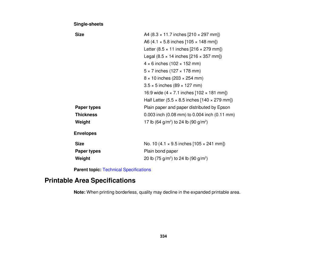 Epson XP-850 manual Printable Area Specifications 