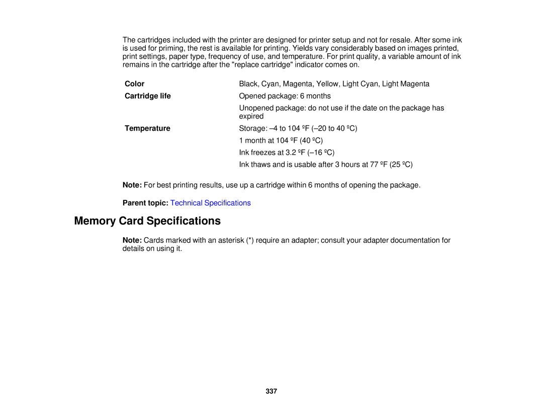 Epson XP-850 manual Memory Card Specifications, Cartridge life, Temperature 