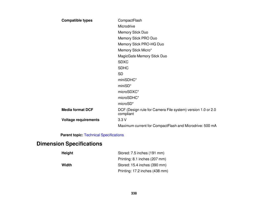 Epson XP-850 manual Dimension Specifications 