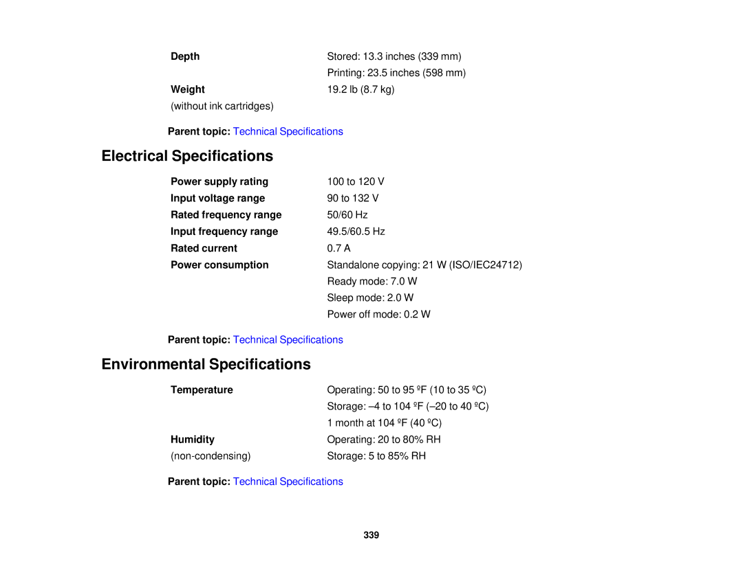 Epson XP-850 manual Electrical Specifications, Environmental Specifications 