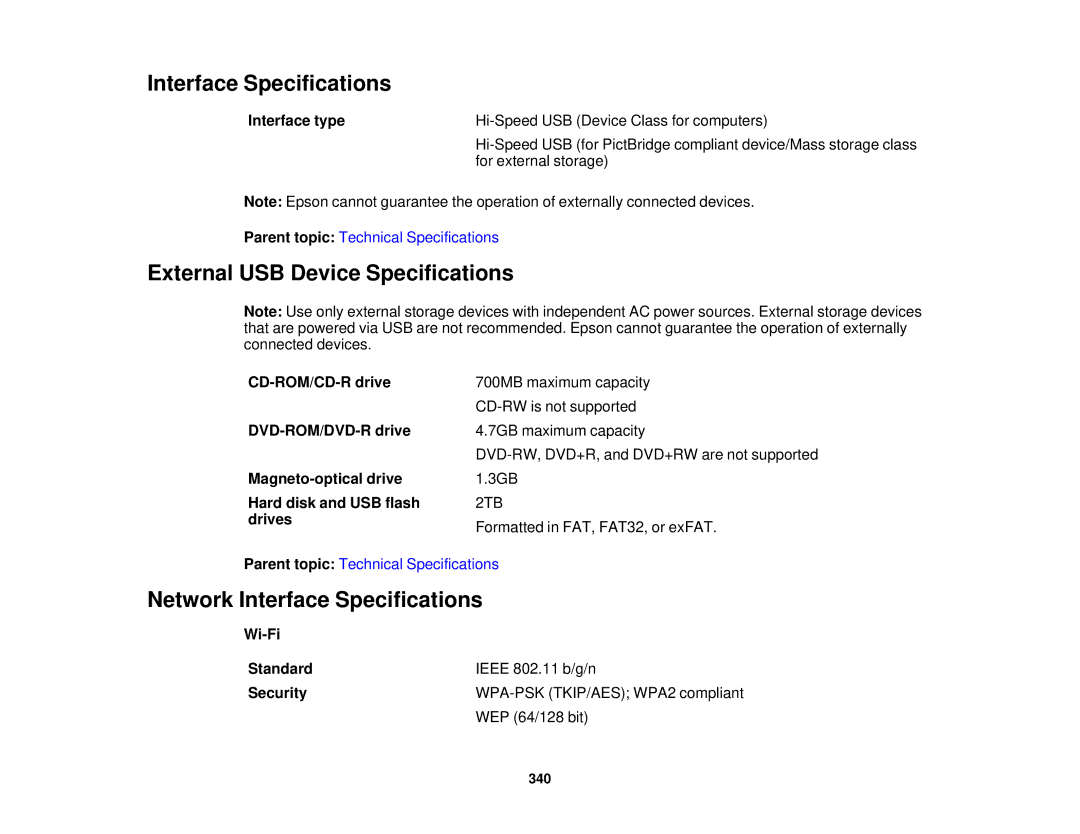 Epson XP-850 manual External USB Device Specifications, Network Interface Specifications 