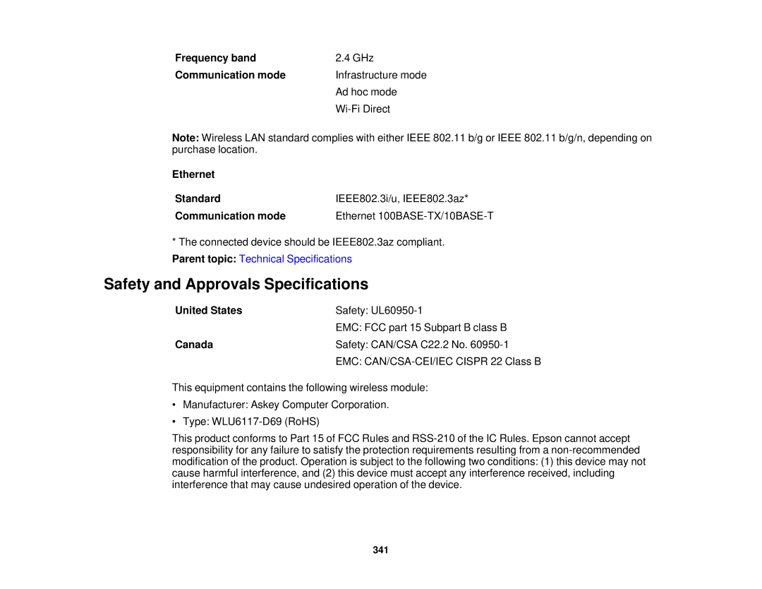 Epson XP-850 manual Safety and Approvals Specifications 