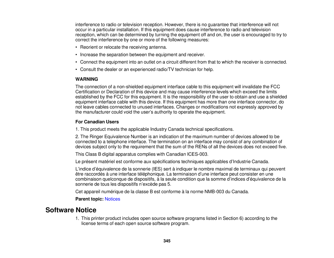 Epson XP-850 manual Software Notice, For Canadian Users, Parent topic Notices 