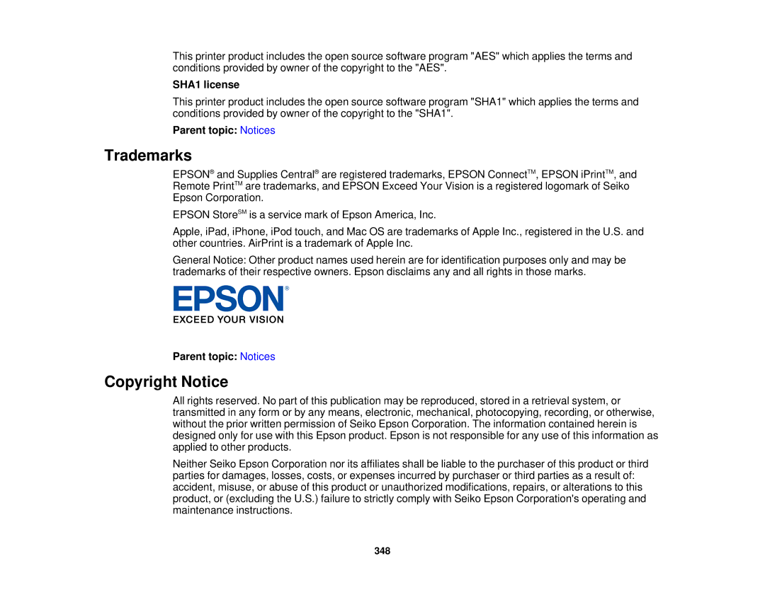 Epson XP-850 manual Trademarks, Copyright Notice, SHA1 license 