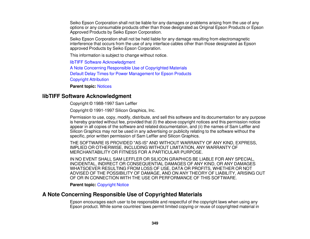 Epson XP-850 manual LibTIFF Software Acknowledgment, Parent topic Copyright Notice 
