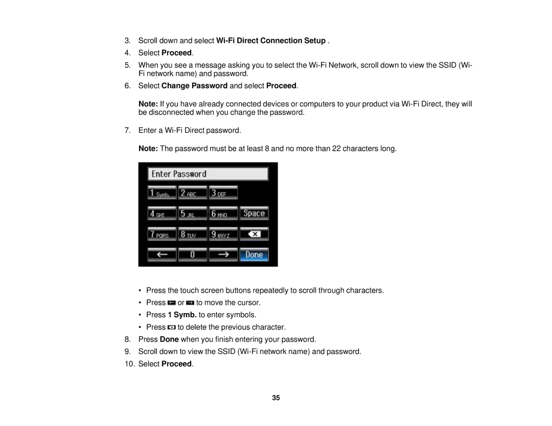 Epson XP-850 manual Scroll down and select Wi-Fi Direct Connection Setup, Select Change Password and select Proceed 