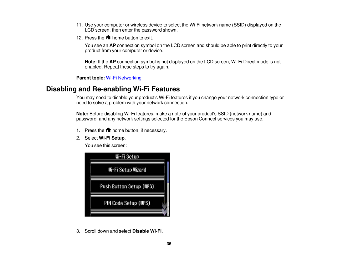 Epson XP-850 manual Disabling and Re-enabling Wi-Fi Features 