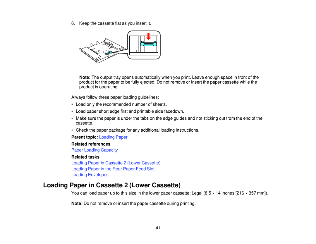 Epson XP-850 manual Loading Paper in Cassette 2 Lower Cassette, Parent topic Loading Paper Related references 