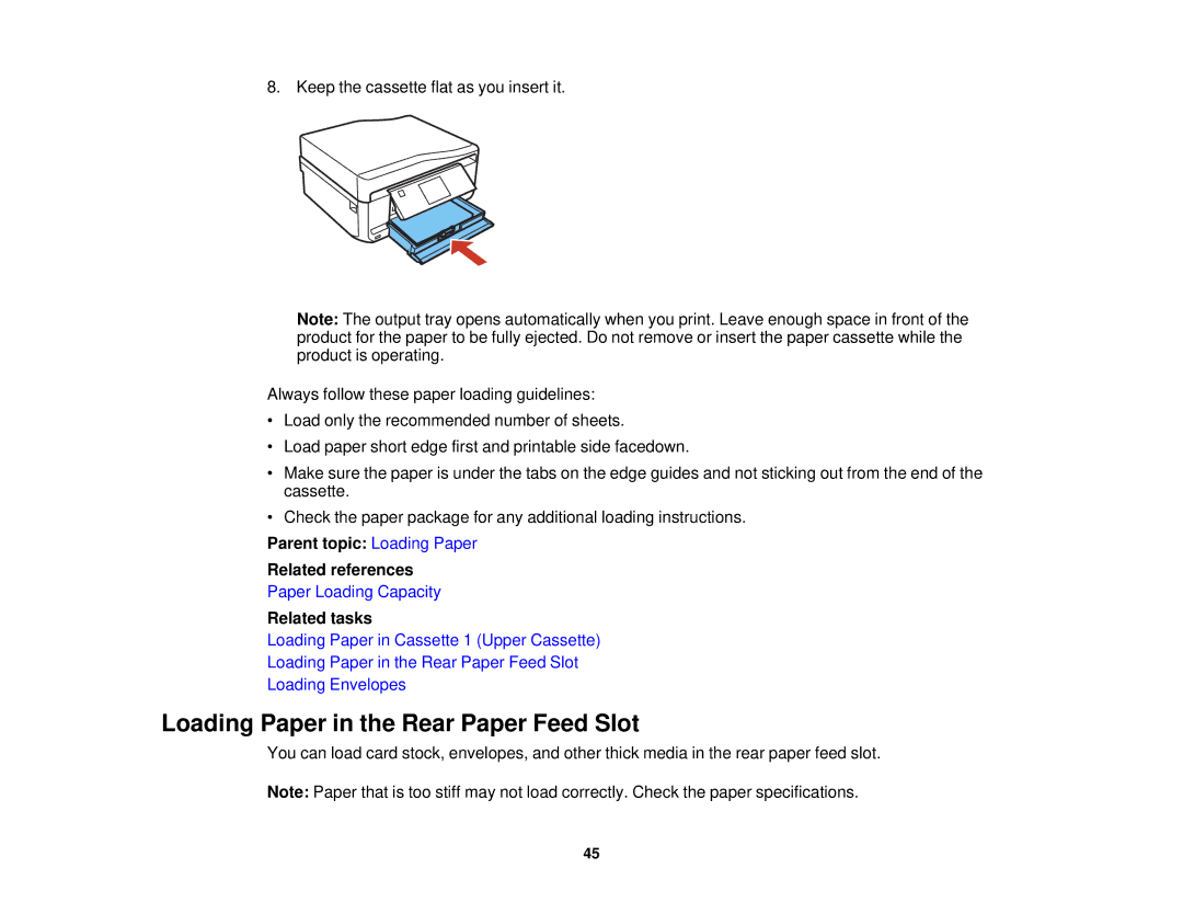 Epson XP-850 manual Loading Paper in the Rear Paper Feed Slot, Parent topic Loading Paper Related references 