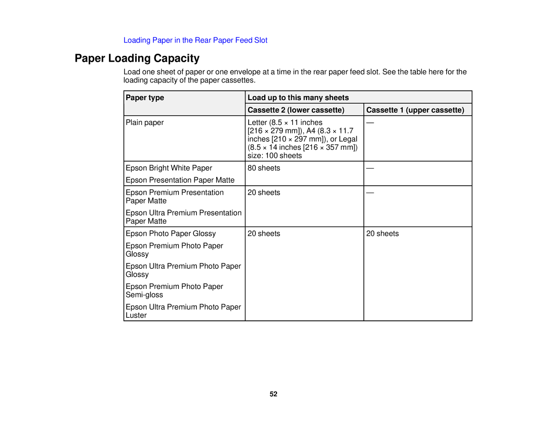 Epson XP-850 manual Paper Loading Capacity 