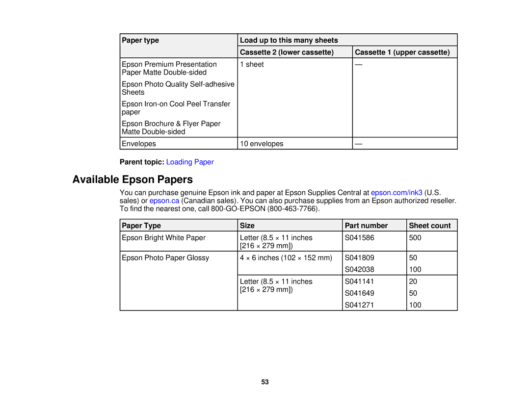 Epson XP-850 manual Available Epson Papers, Parent topic Loading Paper, Paper Type Size Part number Sheet count 